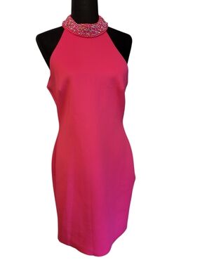 Badgley Mischka Cocktail Dress Fuschia Sheath With Jeweled Collar Size 10